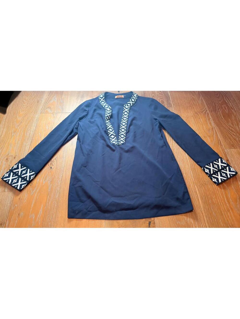 Tory Burch Navy Tunic with Patterned Trim Elegant Parisian Chic